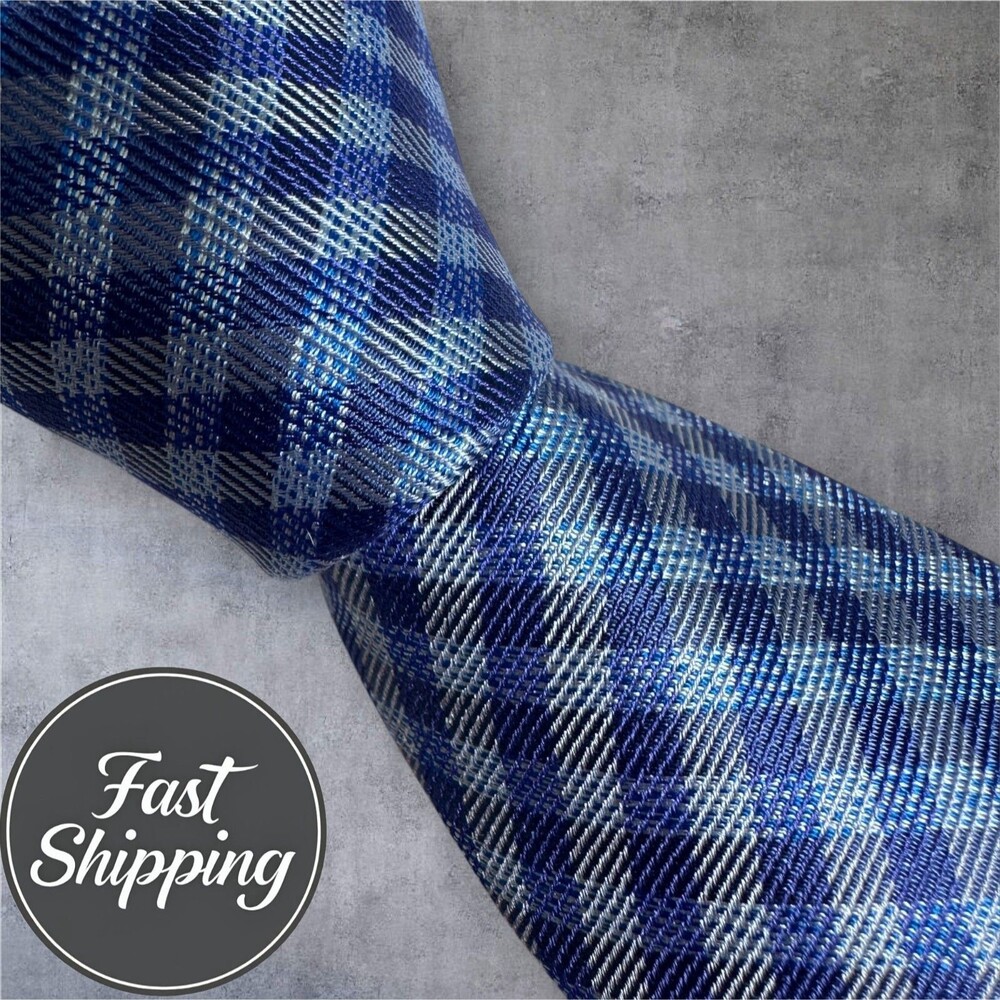 TED BAKER Skinny Tie Silk Tie 100% Silk Necktie Blue Geometric Check
